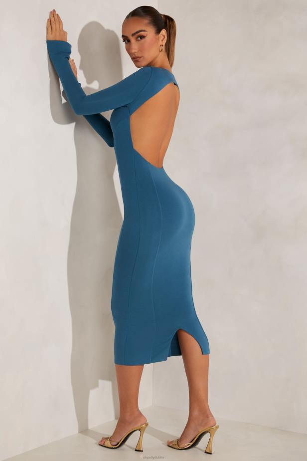 Oh Polly Brinkley High Neck Long Sleeve Open Back Midaxi Dress N80H103 Teal