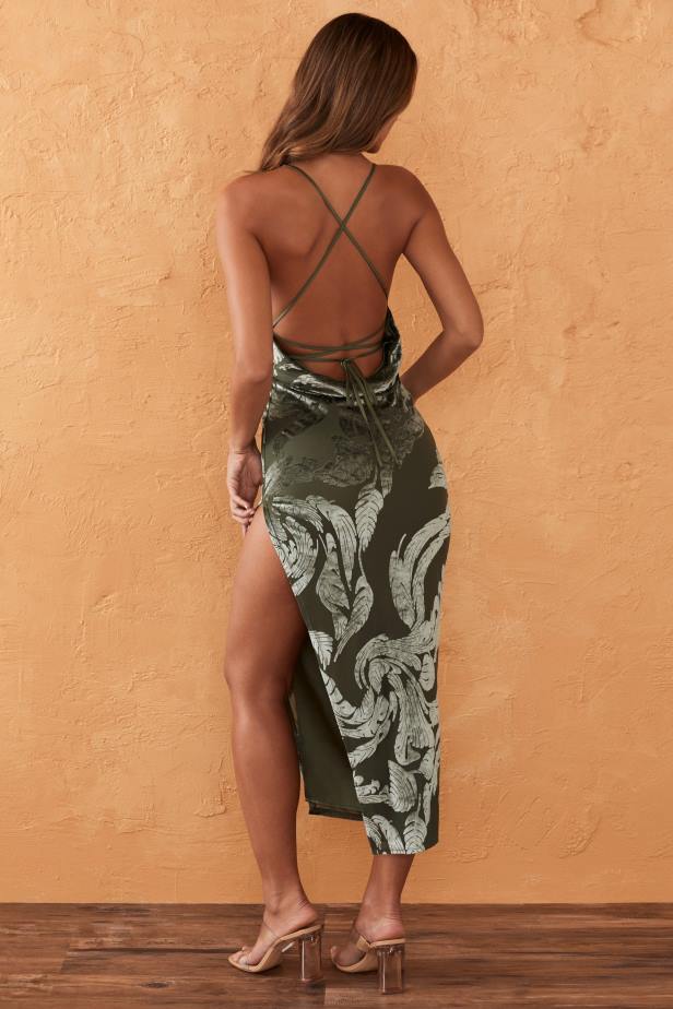 Oh Polly Ece Backless Cowl Neck Maxi Dress N80H365 Olive Print