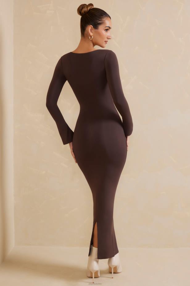 Oh Polly Gelisa Square Neck Long Sleeve Maxi Dress N80H270 Chocolate
