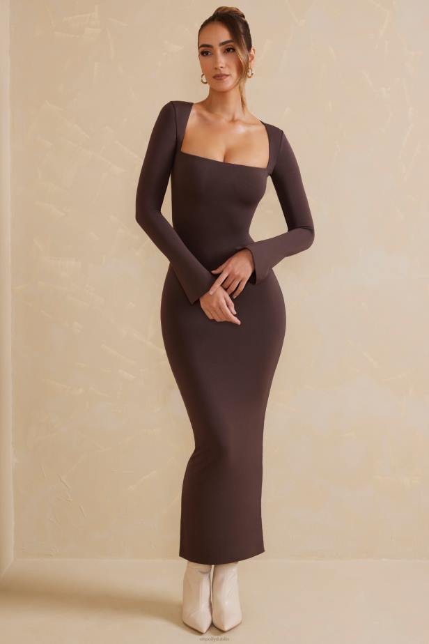 Oh Polly Gelisa Square Neck Long Sleeve Maxi Dress N80H270 Chocolate