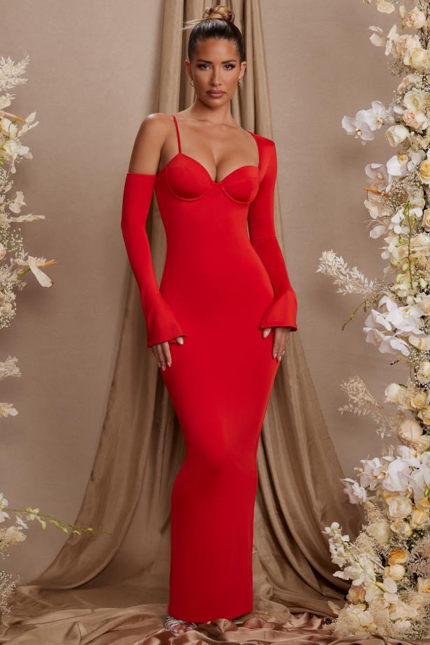 Oh Polly Isolde Long Sleeve Off The Shoulder Maxi Dress N80H197 Red