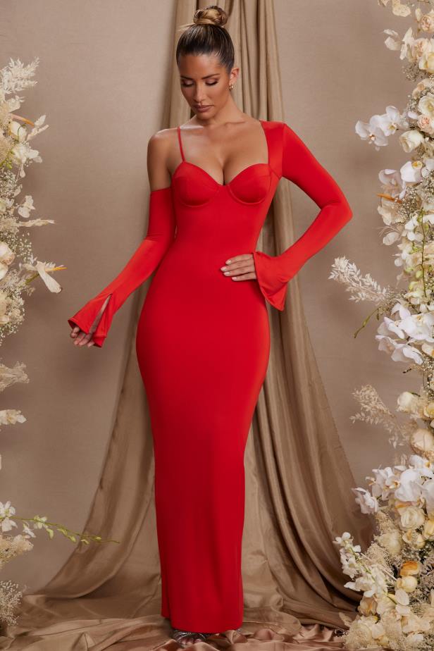 Oh Polly Isolde Long Sleeve Off The Shoulder Maxi Dress N80H197 Red