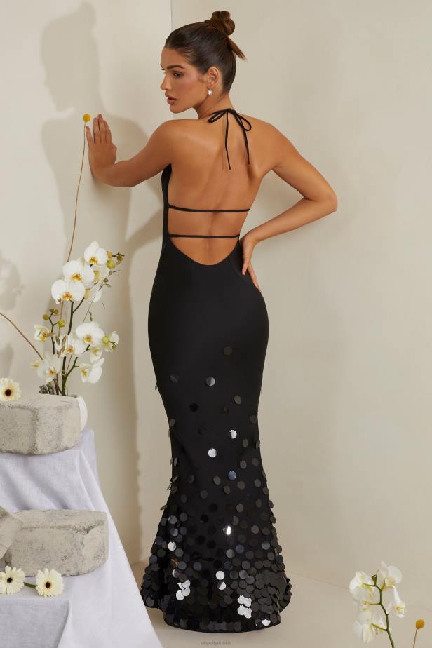 Oh Polly Magnolia Cowl Neck Embellished Satin Maxi Dress N80H217 Black