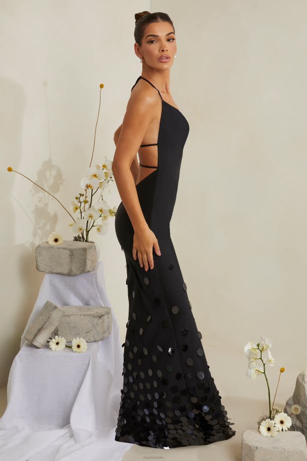 Oh Polly Magnolia Cowl Neck Embellished Satin Maxi Dress N80H217 Black