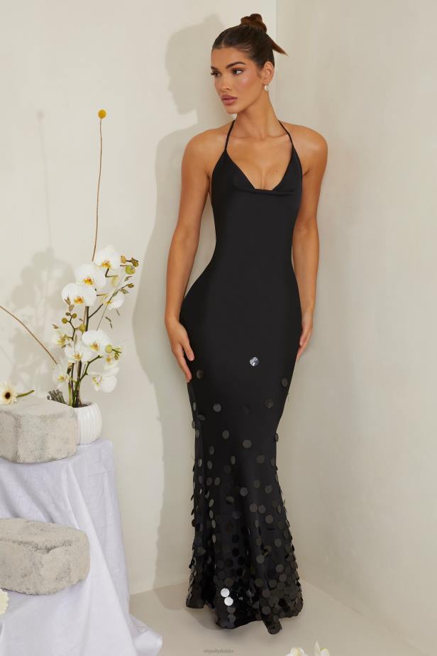 Oh Polly Magnolia Cowl Neck Embellished Satin Maxi Dress N80H217 Black