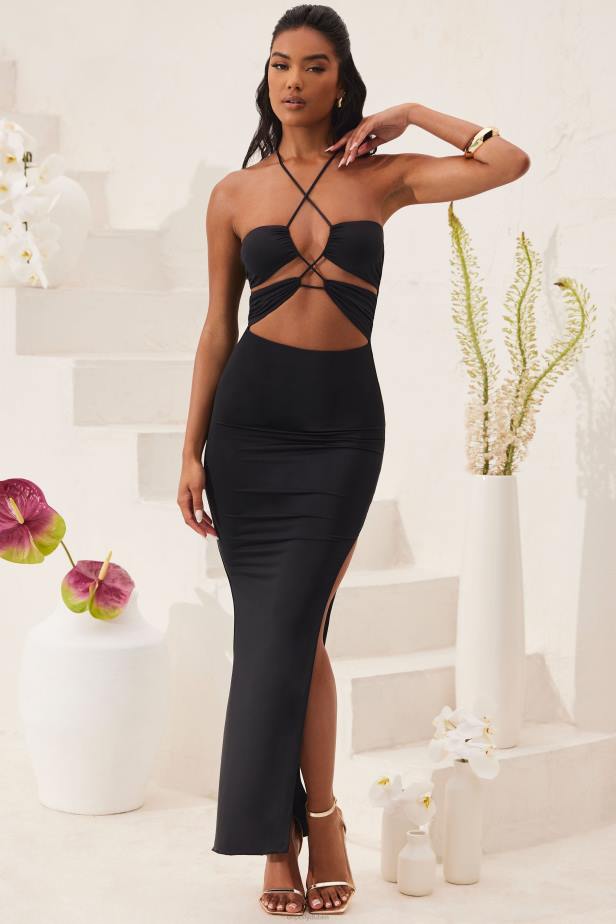 Oh Polly Oceane Cut Out Halter Neck Floor Length Maxi Dress N80H21 Black