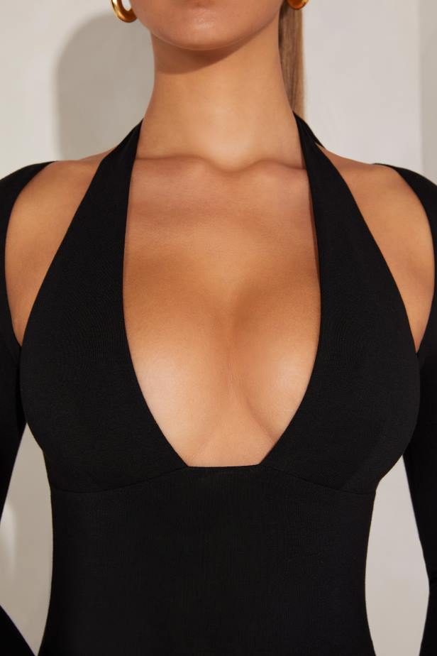 Oh Polly Odelle Long Sleeve Plunge Neck Maxi Dress N80H279 Black