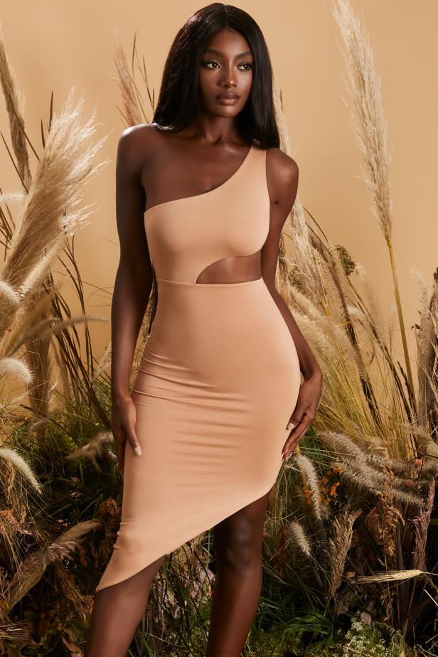 Oh Polly One Sided One Shoulder Asymmetric Midaxi Dress N80H495 Mocha