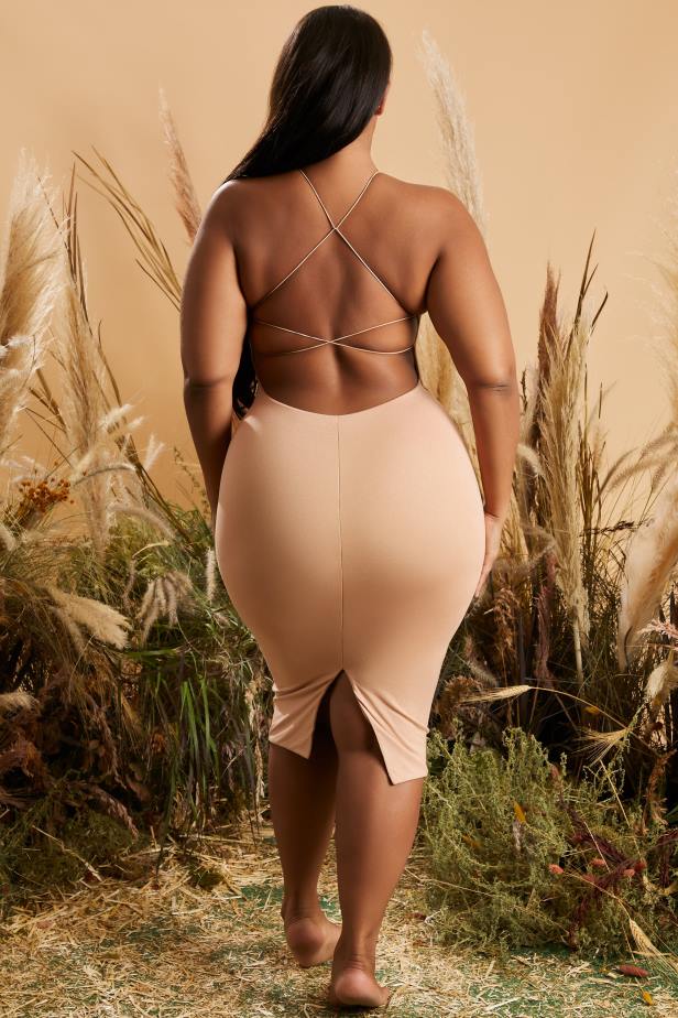 Oh Polly Back To You Round Neck Cross Back Midi Dress N80H497 Tan