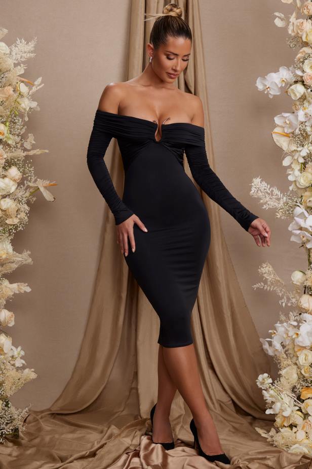 Oh Polly Brigette Long Sleeve Bardot Neckline Midi Dress N80H86 Black