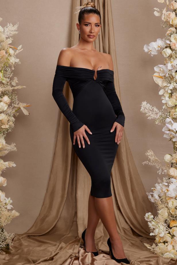Oh Polly Brigette Long Sleeve Bardot Neckline Midi Dress N80H86 Black