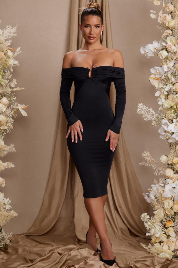 Oh Polly Brigette Long Sleeve Bardot Neckline Midi Dress N80H86 Black