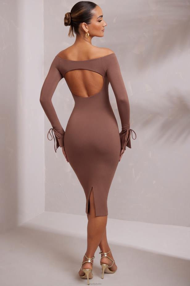 Oh Polly Ember Long Sleeve Off The Shoulder Midi Dress N80H214 Brown