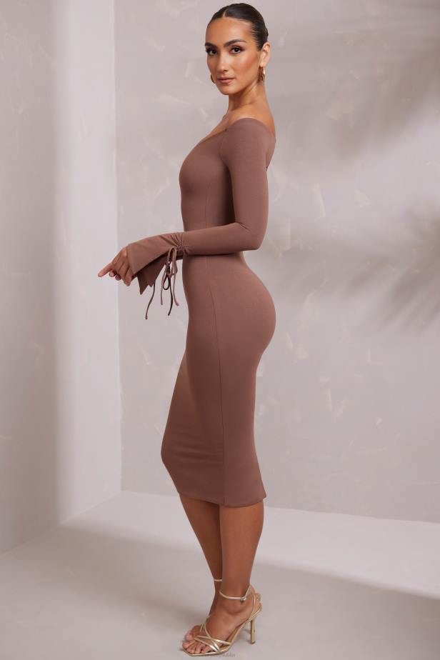 Oh Polly Ember Long Sleeve Off The Shoulder Midi Dress N80H214 Brown