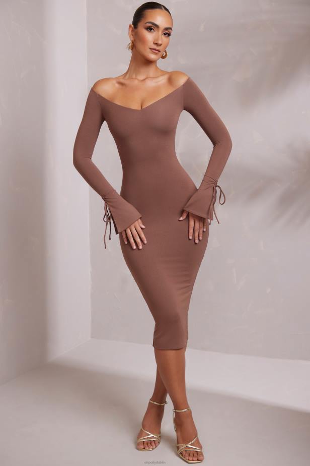 Oh Polly Ember Long Sleeve Off The Shoulder Midi Dress N80H214 Brown