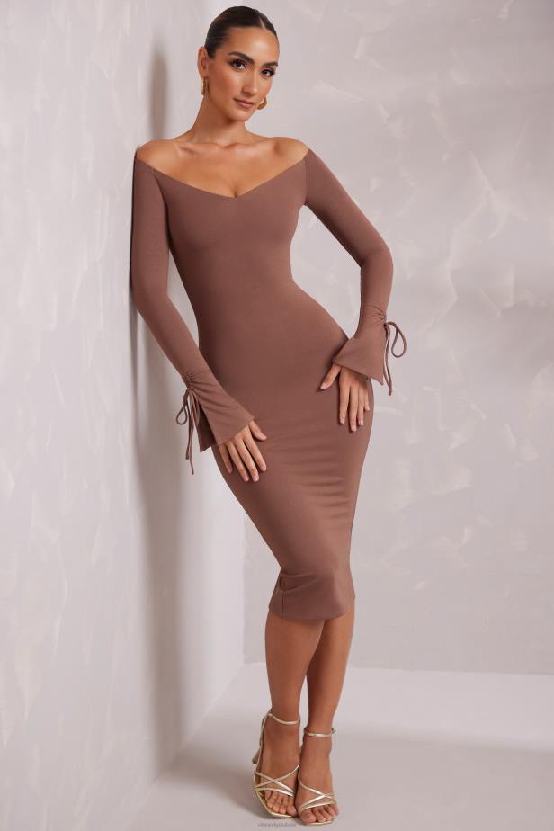 Oh Polly Ember Long Sleeve Off The Shoulder Midi Dress N80H214 Brown