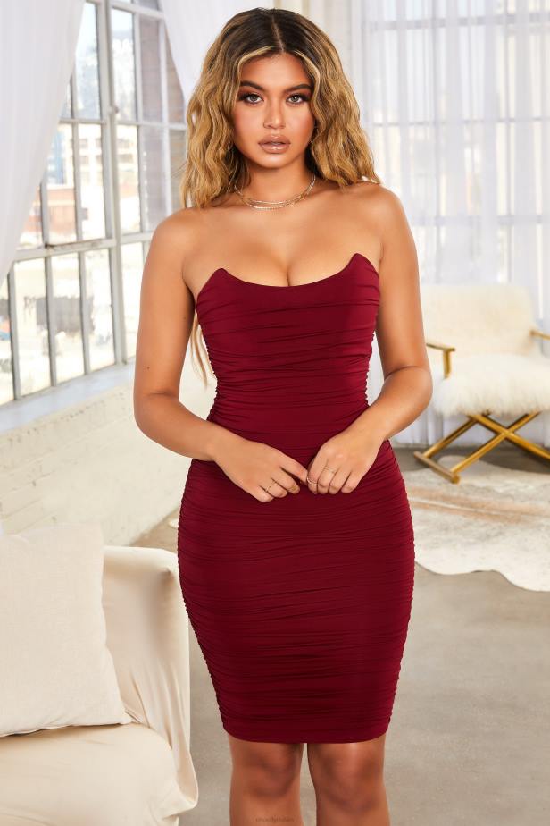 Oh Polly Forever Yours Ruched Bodycon Bandeau Midi Dress N80H547 Dark Red