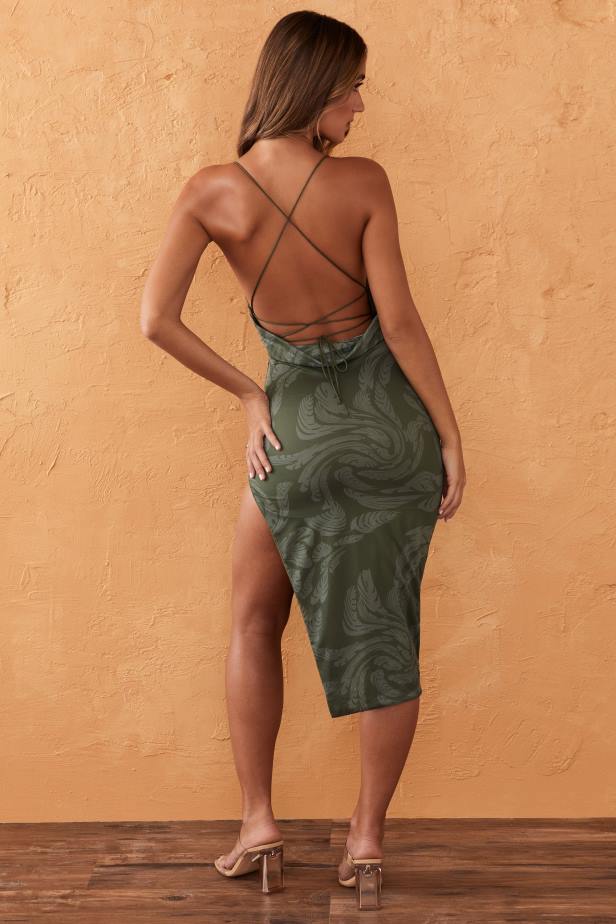 Oh Polly Gulya Backless Cowl Neck Midi Dress N80H351 Olive Print