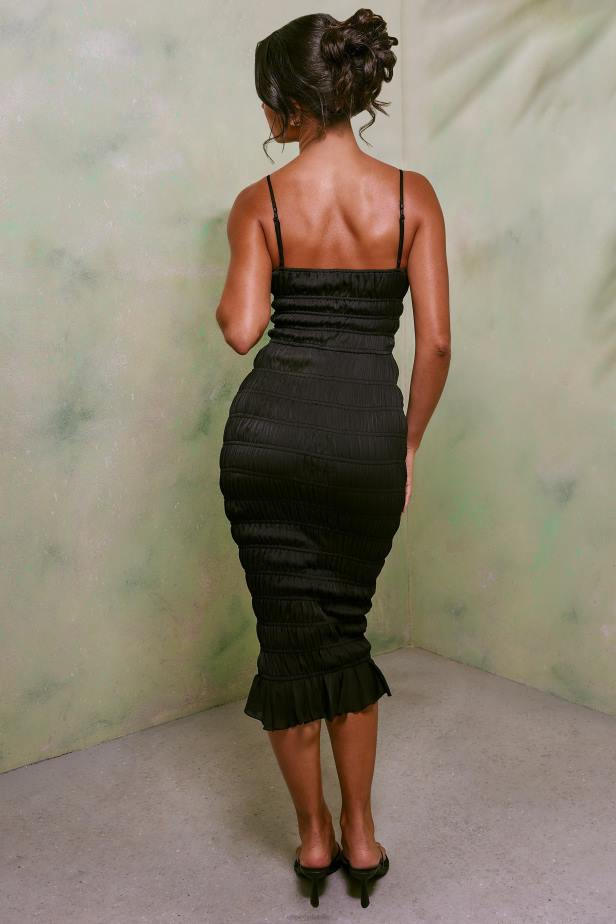 Oh Polly Heidi Shirred Front Tie Midi Dress N80H36 Black