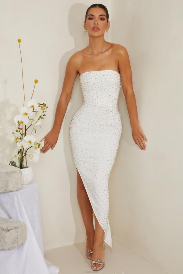 Oh Polly Vivica Hand Embellished Asymmetric Midi Dress N80H219 White