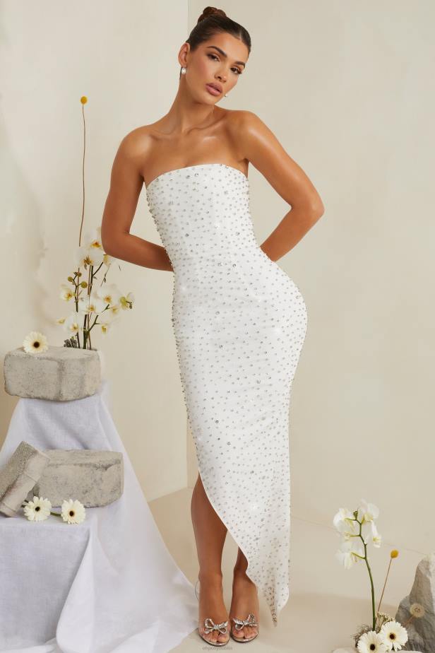 Oh Polly Vivica Hand Embellished Asymmetric Midi Dress N80H219 White