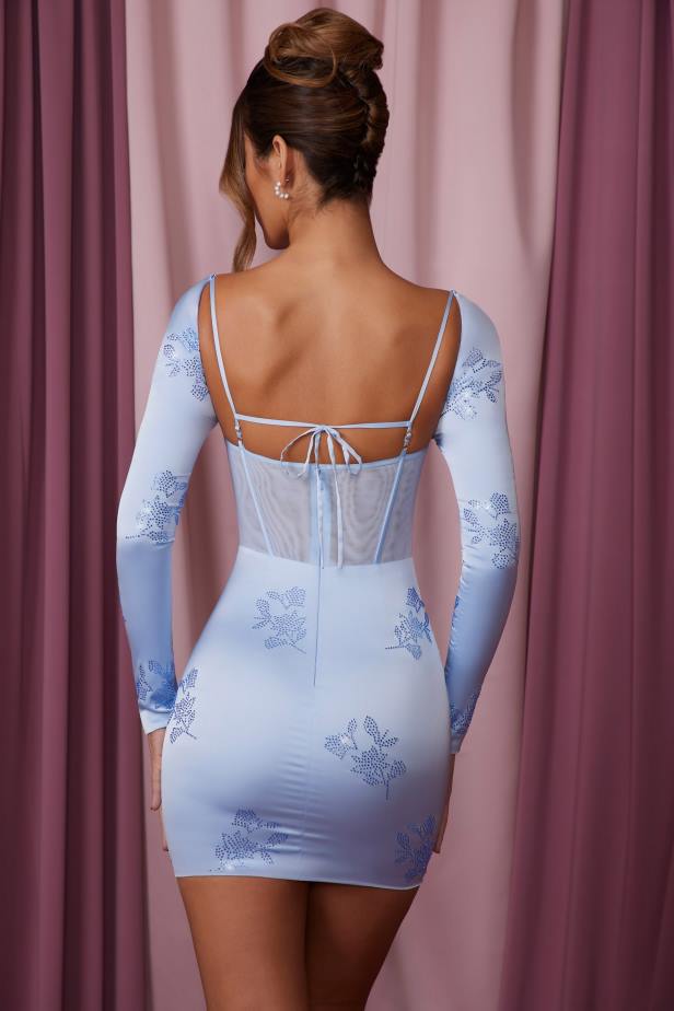 Oh Polly Adrienne Long Sleeve Corset Mini Dress N80H271 Blue