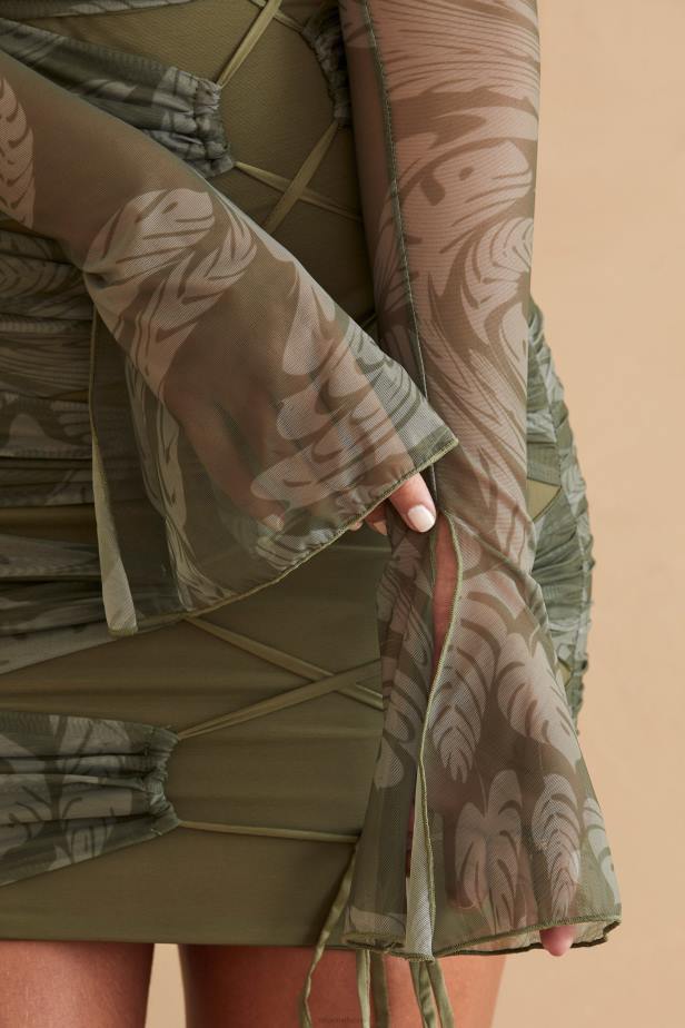 Oh Polly Asli Long Sleeve Paneled Mini Dress N80H321 Olive Print