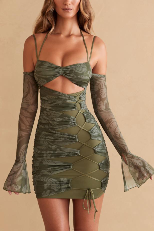 Oh Polly Asli Long Sleeve Paneled Mini Dress N80H321 Olive Print