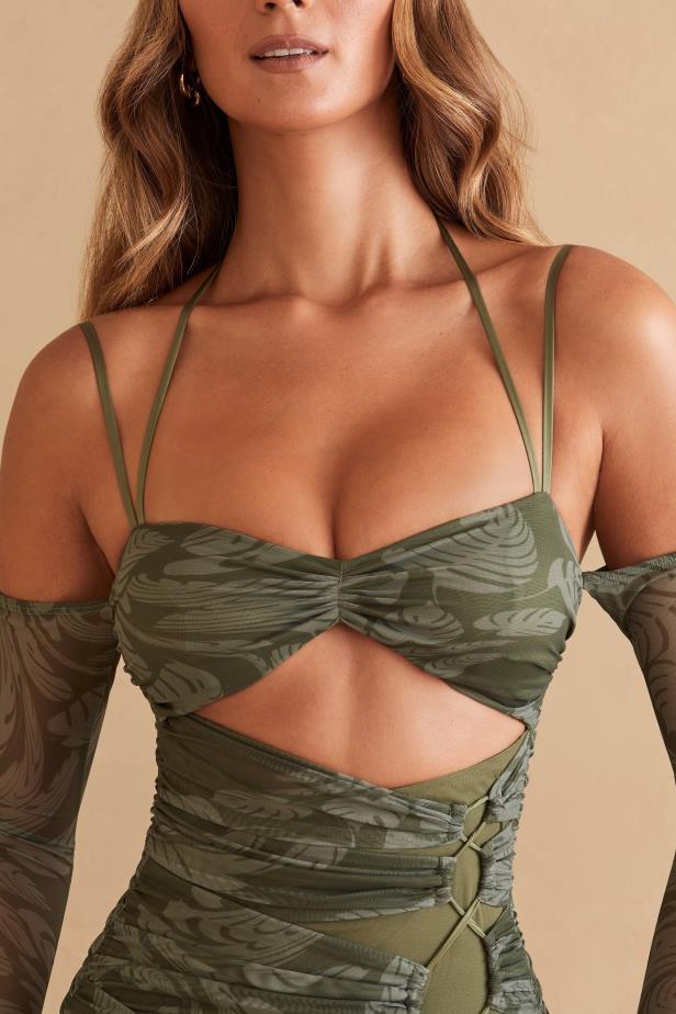 Oh Polly Asli Long Sleeve Paneled Mini Dress N80H321 Olive Print