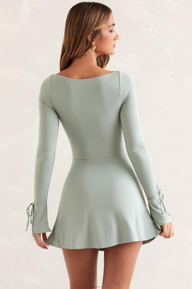 Oh Polly Baize Square Neck Long Sleeve Mini Dress N80H138 Sage