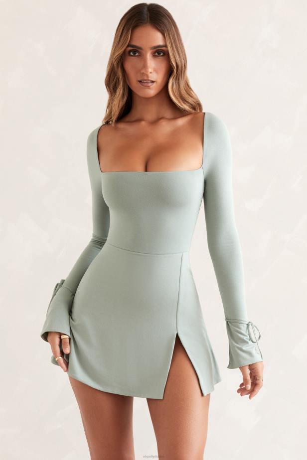 Oh Polly Baize Square Neck Long Sleeve Mini Dress N80H138 Sage