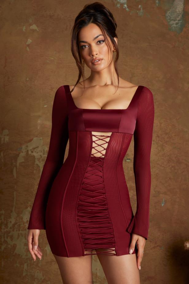 Oh Polly Belkis Long Sleeve Lace Up Corset Micro Mini Dress N80H287 Wine