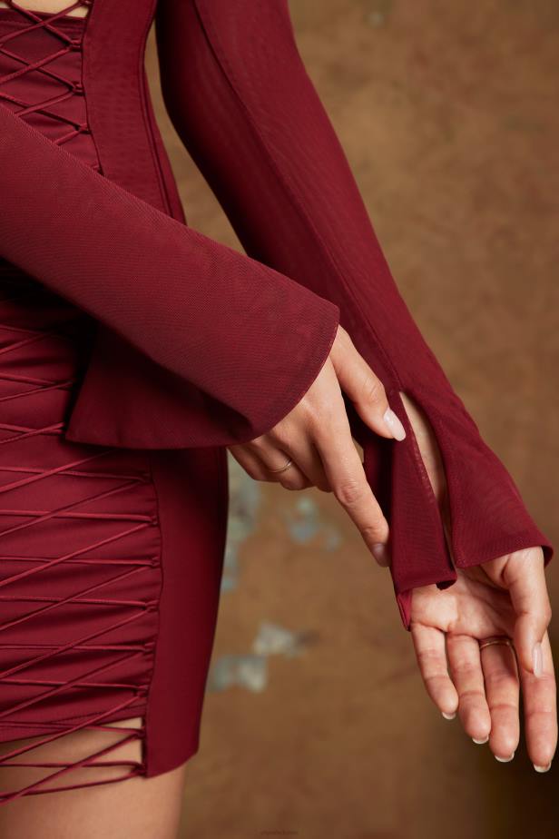 Oh Polly Belkis Long Sleeve Lace Up Corset Micro Mini Dress N80H287 Wine