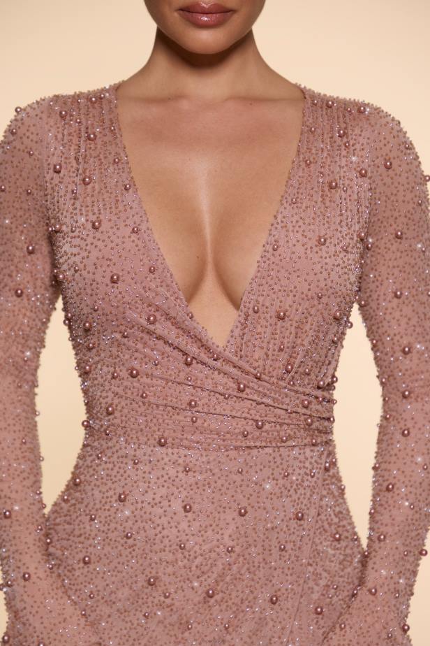 Oh Polly Chelsea Embellished Wrap Over A-Line Mini Dress N80H62 Beige