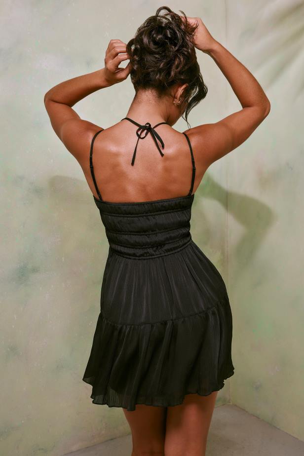 Oh Polly Clelia Shirred Bodice A-Line Mini Dress N80H33 Black