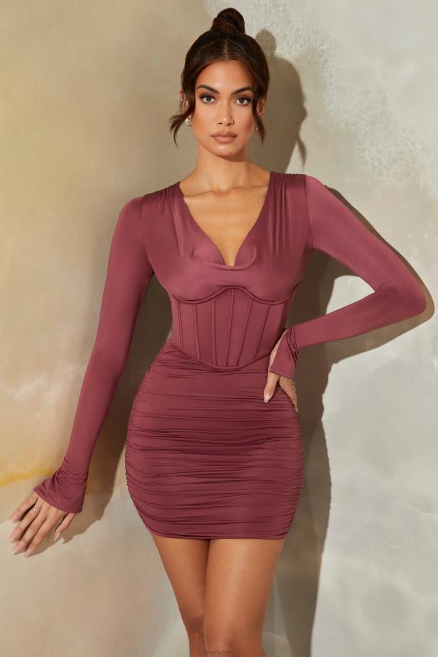 Oh Polly Della Long Sleeve Cowl Neck Corset Mini Dress N80H373 Dark Mauve