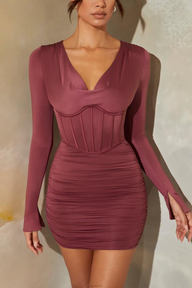 Oh Polly Della Long Sleeve Cowl Neck Corset Mini Dress N80H373 Dark Mauve