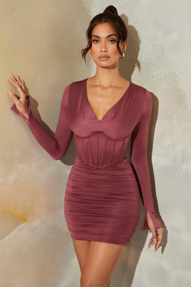 Oh Polly Della Long Sleeve Cowl Neck Corset Mini Dress N80H373 Dark Mauve
