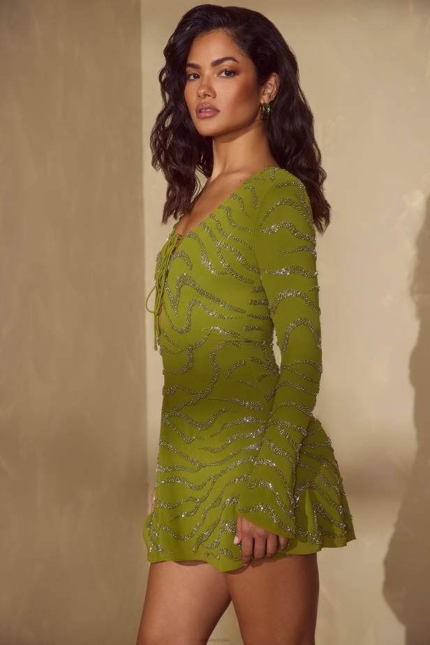 Oh Polly Estelle Long Sleeve Lace Up Mini Dress N80H56 Olive