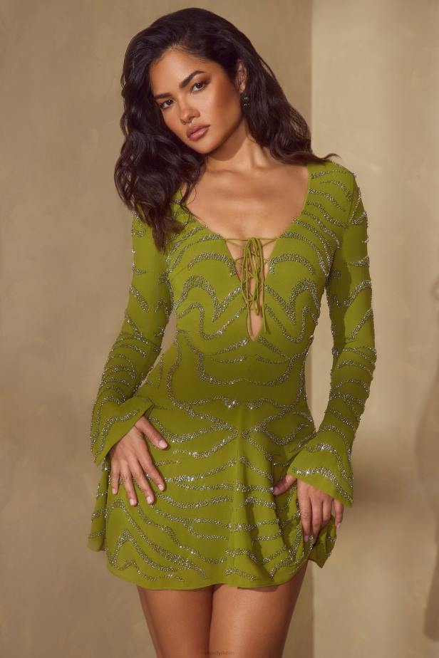 Oh Polly Estelle Long Sleeve Lace Up Mini Dress N80H56 Olive