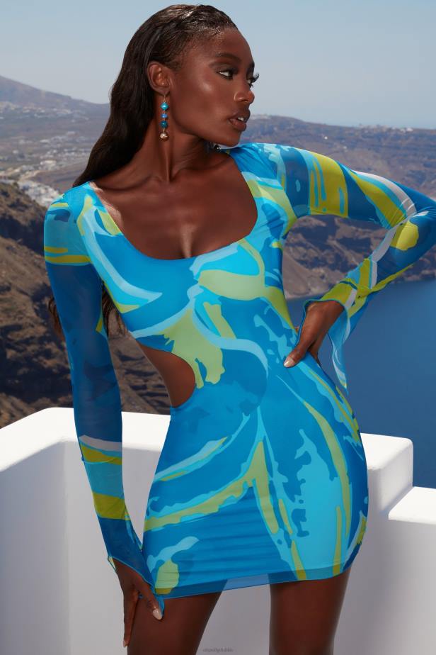 Oh Polly Feelin Wavy Asymmetric Long Sleeve Mini Dress N80H431 Blue