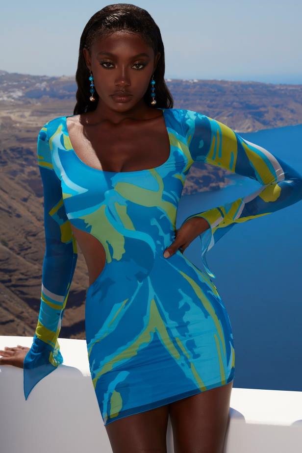 Oh Polly Feelin Wavy Asymmetric Long Sleeve Mini Dress N80H431 Blue