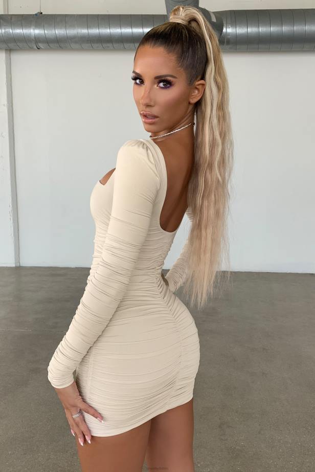 Oh Polly Flatter Me Long Sleeve Ruched Mini Dress N80H538 Oyster White