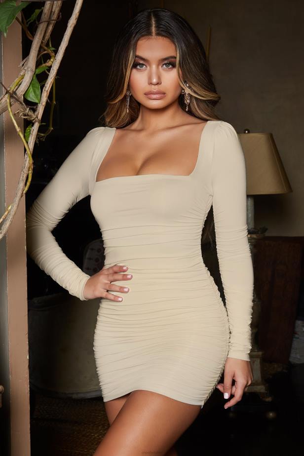 Oh Polly Flatter Me Long Sleeve Ruched Mini Dress N80H538 Oyster White