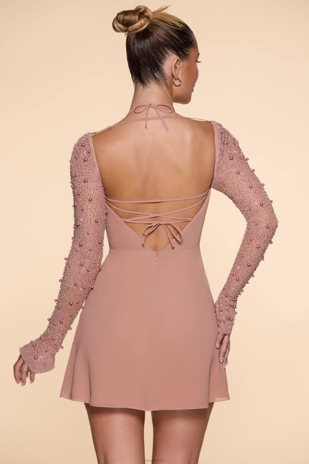 Oh Polly Florence Long Sleeve Cowl Neck A-Line Mini Dress N80H61 Beige