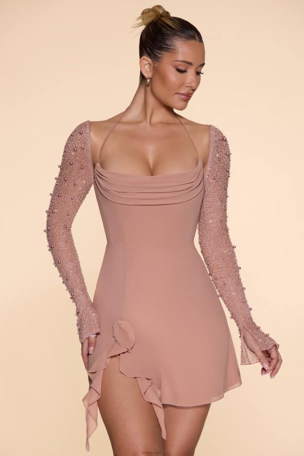 Oh Polly Florence Long Sleeve Cowl Neck A-Line Mini Dress N80H61 Beige