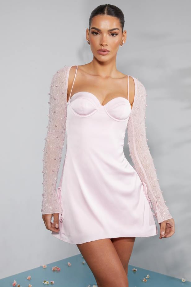 Oh Polly Geneva Long Sleeve Embellished A-line Mini Dress N80H230 Blush