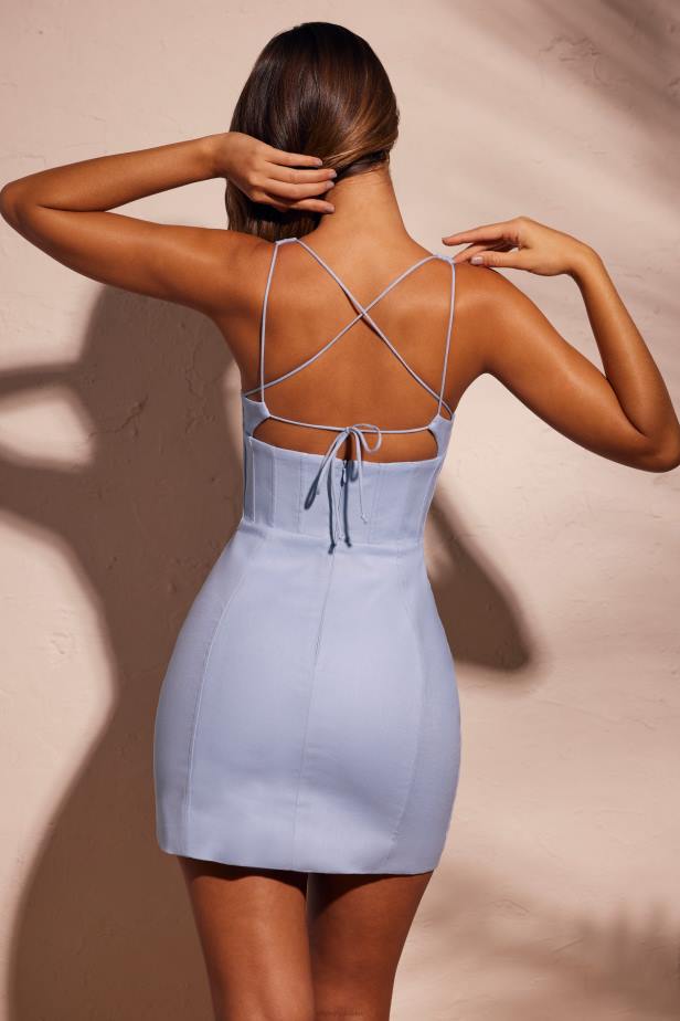 Oh Polly Giovana Lace Up Back Linen Mini Dress N80H37 Sky Grey