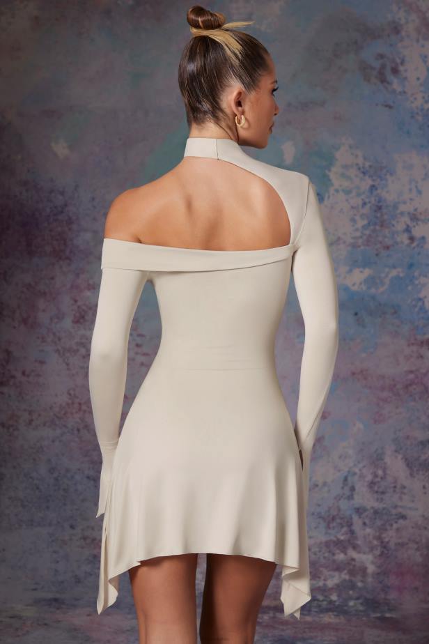 Oh Polly Katya Asymmetric High Neck Mini Dress N80H283 Stone