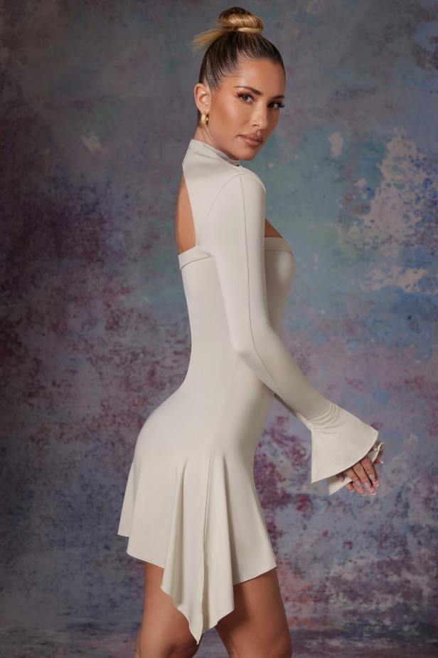 Oh Polly Katya Asymmetric High Neck Mini Dress N80H283 Stone
